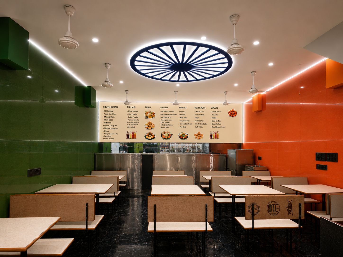 Swarg restaurant interior with Ashoka Chakra ceiling